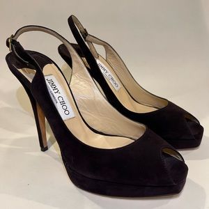 Jimmy Choo plum colored Suede Clue Peep Toe Slingback Sandals. Size 37. US 7